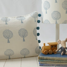 Load image into Gallery viewer, Block printed recycled linen cushion with pompoms - mulberry tree design