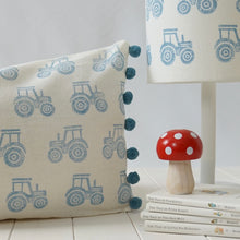 Load image into Gallery viewer, Block printed recycled linen cushion with pompoms - farmyard tractor design
