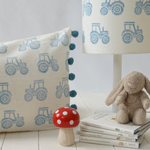Load image into Gallery viewer, Block printed recycled linen lampshade - farmyard tractor design