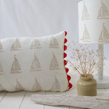 Load image into Gallery viewer, Block printed recycled linen lampshade - sail boat design