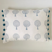 Load image into Gallery viewer, Block printed recycled linen cushion with pompoms - mulberry tree design