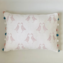 Load image into Gallery viewer, Block printed recycled linen cushion with pompoms - kissing geese design