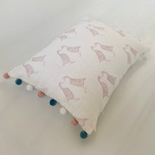 Load image into Gallery viewer, Block printed recycled linen cushion with pompoms - kissing geese design