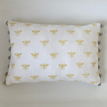Load image into Gallery viewer, Block printed recycled linen cushion with pompoms - honey bee design