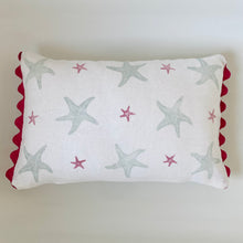 Load image into Gallery viewer, Block printed recycled linen cushion with pompoms - starfish design