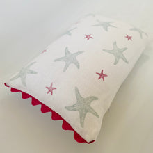 Load image into Gallery viewer, Block printed recycled linen cushion with pompoms - starfish design