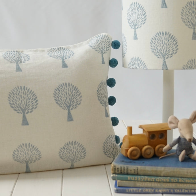 Block printed recycled linen cushion with pompoms - mulberry tree design