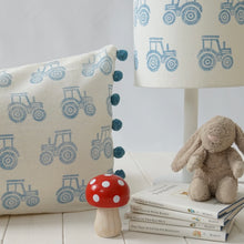 Load image into Gallery viewer, Block printed recycled linen lampshade - farmyard tractor design
