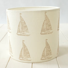 Load image into Gallery viewer, Block printed recycled linen lampshade - sail boat design
