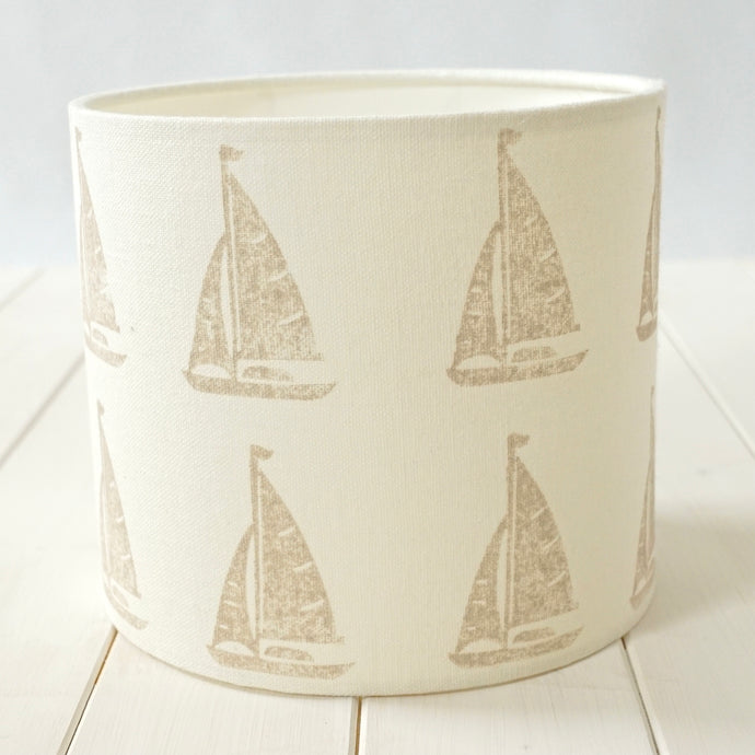 Block printed recycled linen lampshade - sail boat design