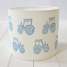 Load image into Gallery viewer, Block printed recycled linen lampshade - farmyard tractor design
