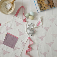 Load image into Gallery viewer, Children&#39;s recycled linen apron and baking set - highland cow design
