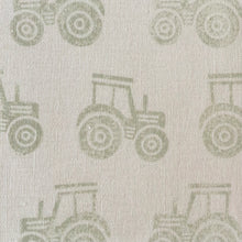 Load image into Gallery viewer, Block printed recycled linen cushion with pompoms - farmyard tractor design
