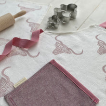 Load image into Gallery viewer, Children&#39;s recycled linen apron and baking set - highland cow design
