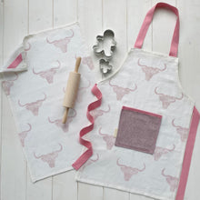 Load image into Gallery viewer, Children&#39;s recycled linen apron and baking set - highland cow design
