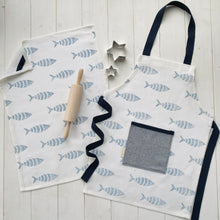 Load image into Gallery viewer, Children&#39;s recycled linen apron and baking set - mackerel splash design
