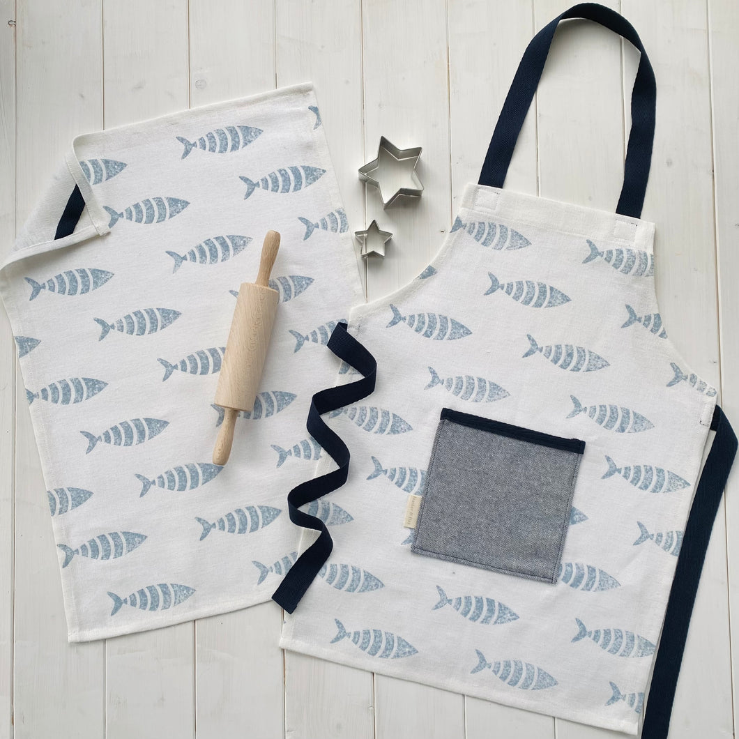 Children's recycled linen apron and baking set - mackerel splash design