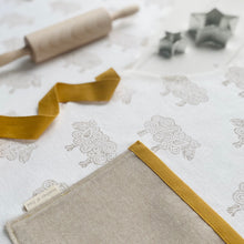 Load image into Gallery viewer, Children&#39;s recycled linen apron and baking set - curly sheep design
