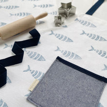 Load image into Gallery viewer, Children&#39;s recycled linen apron and baking set - mackerel splash design
