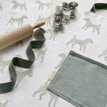 Load image into Gallery viewer, Children&#39;s recycled linen apron and baking set - patterdale terrier design
