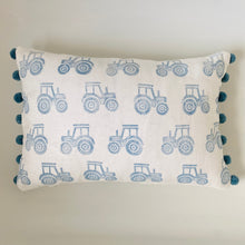 Load image into Gallery viewer, Block printed recycled linen cushion with pompoms - farmyard tractor design
