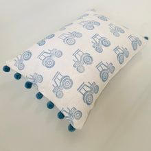 Load image into Gallery viewer, Block printed recycled linen cushion with pompoms - farmyard tractor design
