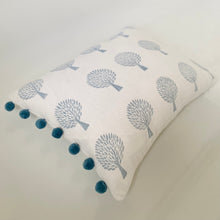 Load image into Gallery viewer, Block printed recycled linen cushion with pompoms - mulberry tree design
