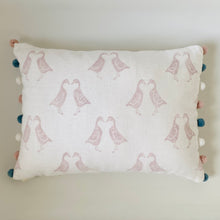 Load image into Gallery viewer, Block printed recycled linen cushion with pompoms - kissing geese design
