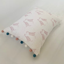 Load image into Gallery viewer, Block printed recycled linen cushion with pompoms - kissing geese design
