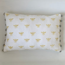 Load image into Gallery viewer, Block printed recycled linen cushion with pompoms - honey bee design
