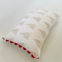 Load image into Gallery viewer, Block printed recycled linen cushion with pompoms - sail boat design
