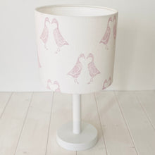 Load image into Gallery viewer, Block printed recycled linen lampshade - kissing geese design
