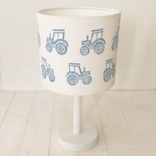 Load image into Gallery viewer, Block printed recycled linen lampshade - farmyard tractor design
