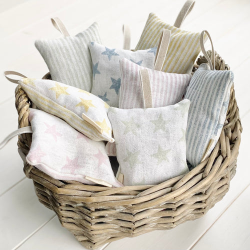 Block printed recycled linen lavender bags - stars and stripes design